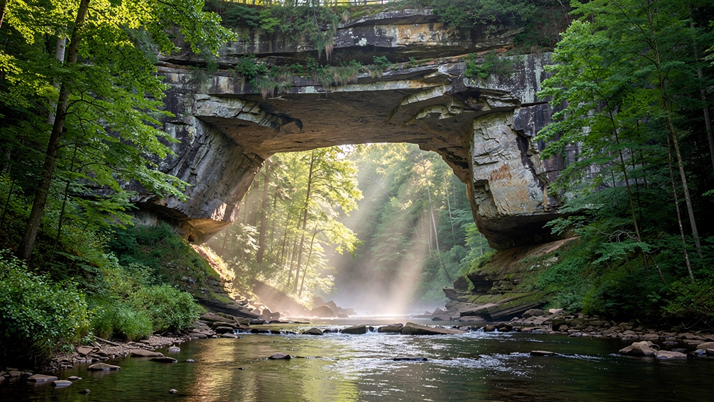 Natural Bridge Virginia — massive limestone arch 215 feet high spanning Cedar Creek in lush forest