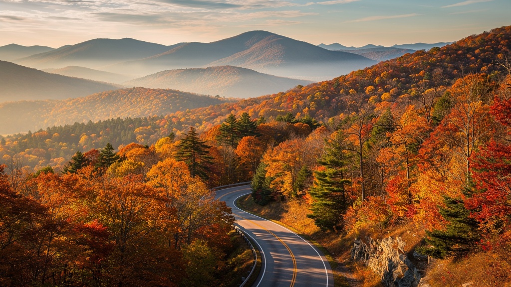 Skyline Drive winding through the vibrant autumn forest canopy of Shenandoah National Park
