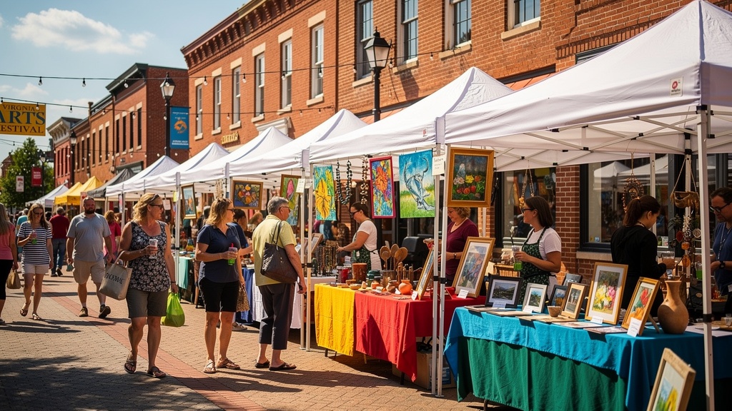 Colorful outdoor Virginia arts festival with artisan booths and community gathering in historic brick downtown