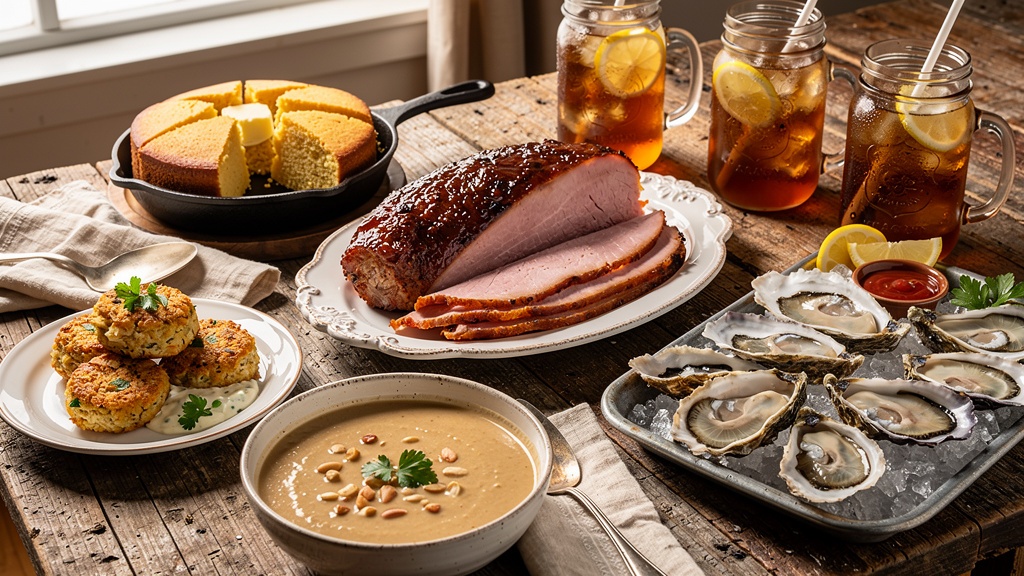 Spread of traditional Virginia cuisine including crab cakes, peanut soup, Virginia ham, and fresh oysters on rustic wooden table