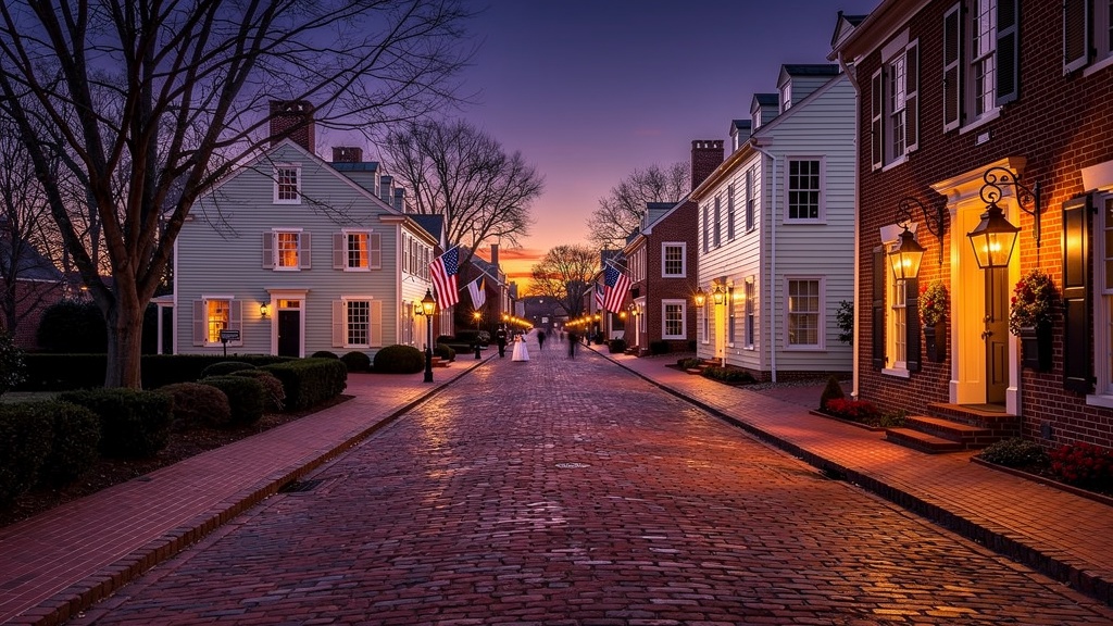 Cobblestone streets and lantern-lit colonial buildings of Williamsburg at twilight