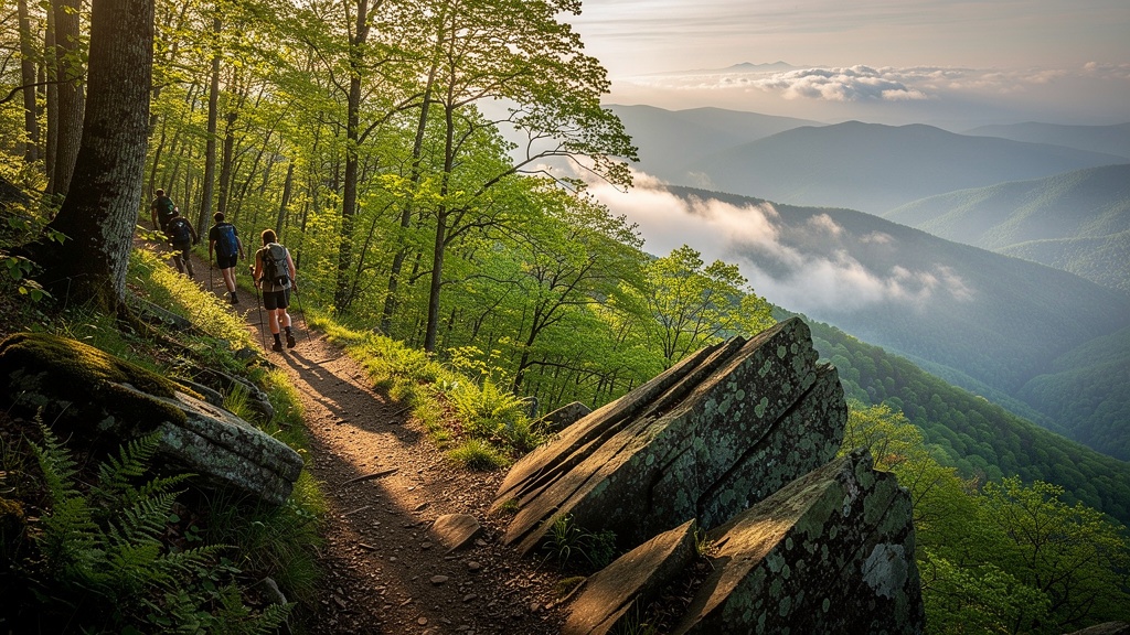 Hiking trail in the Appalachian Mountains of Virginia with misty valley views