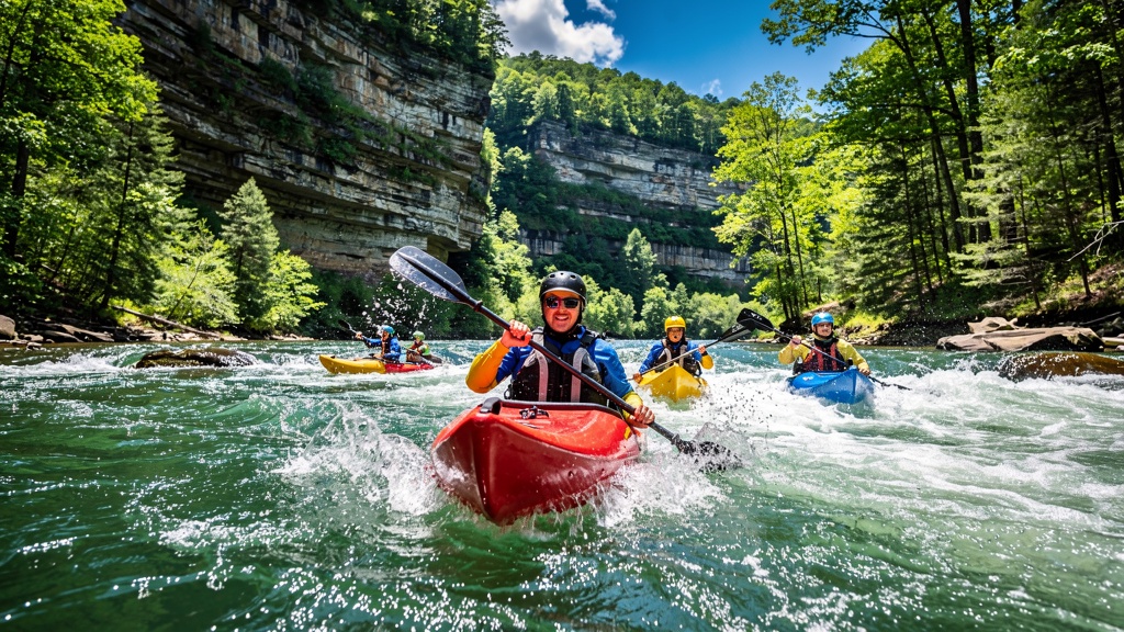 Kayakers navigating whitewater rapids on the New River in Virginia with forested canyon walls