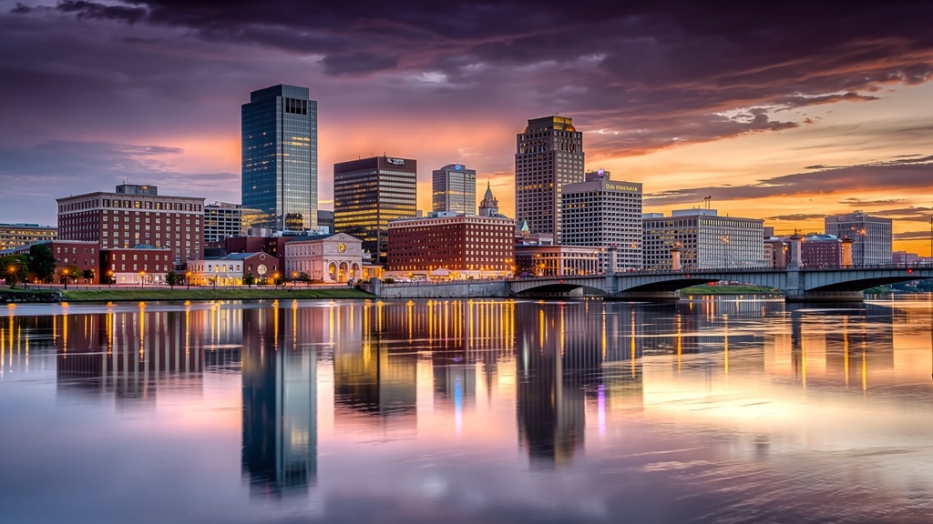 Richmond Virginia skyline reflected in the James River at dusk with colorful sky